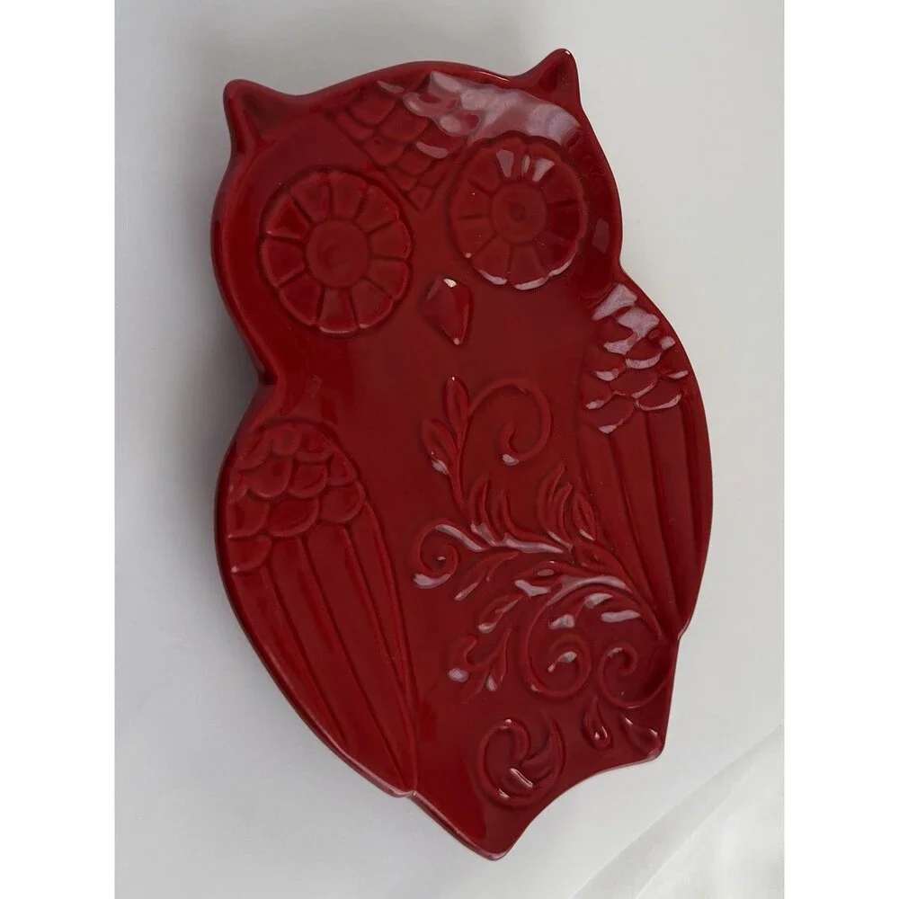 Owl Red Ceramic Spoon Rest Trinket Dish Decor Floral Scroll Glazed Garnet Fall